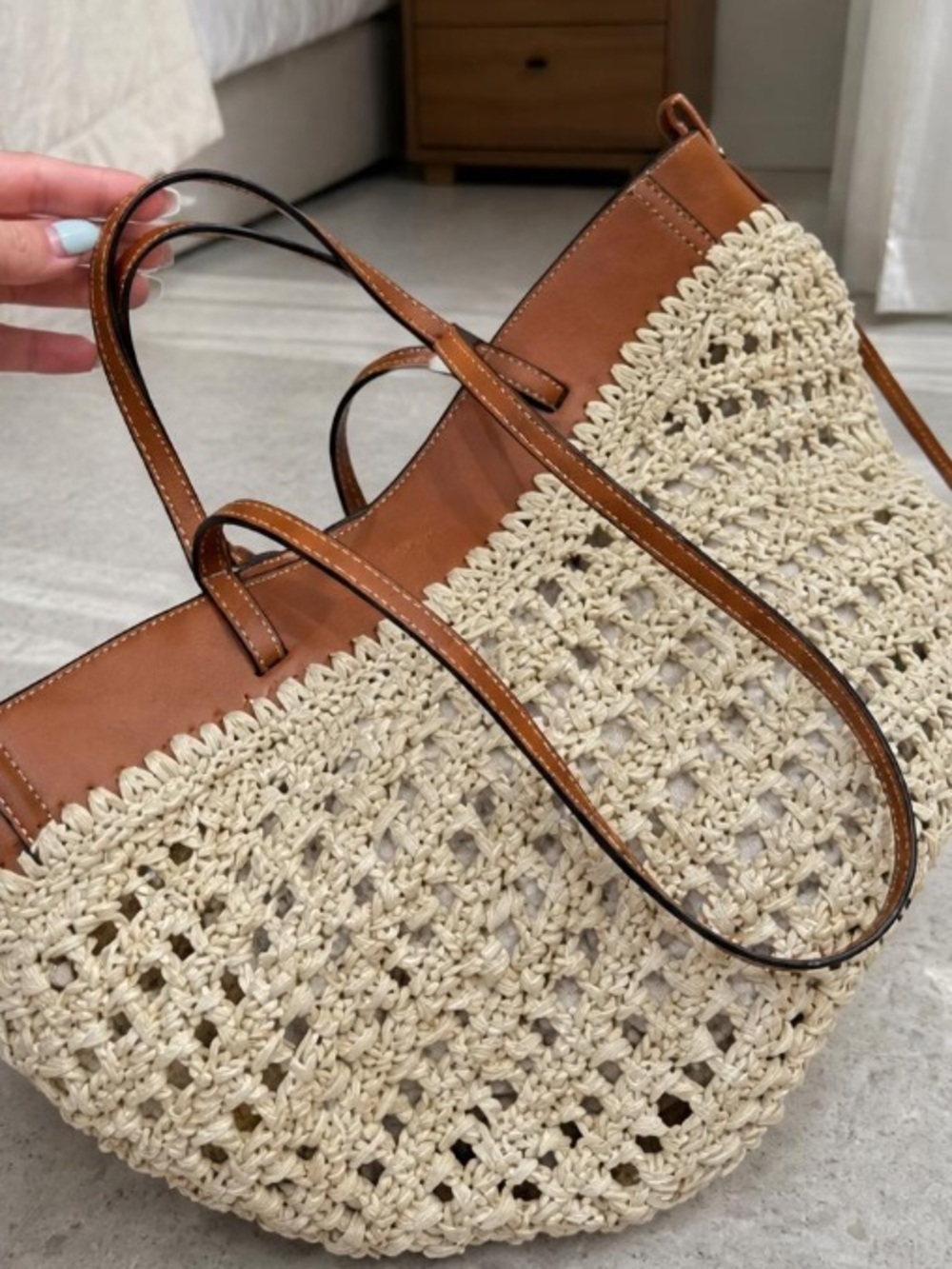 Woven Straw Tote Bag with Brown Faux-Leather Trim